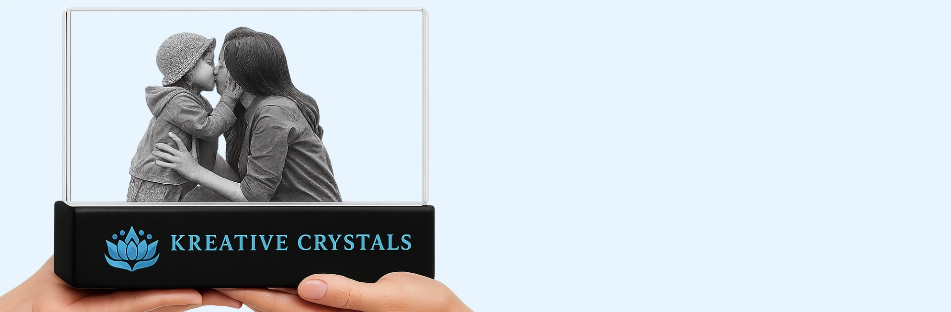 Personalized engraved crystal photo frame featuring mother and child portrait by Kreative Crystals for custom memory gifts