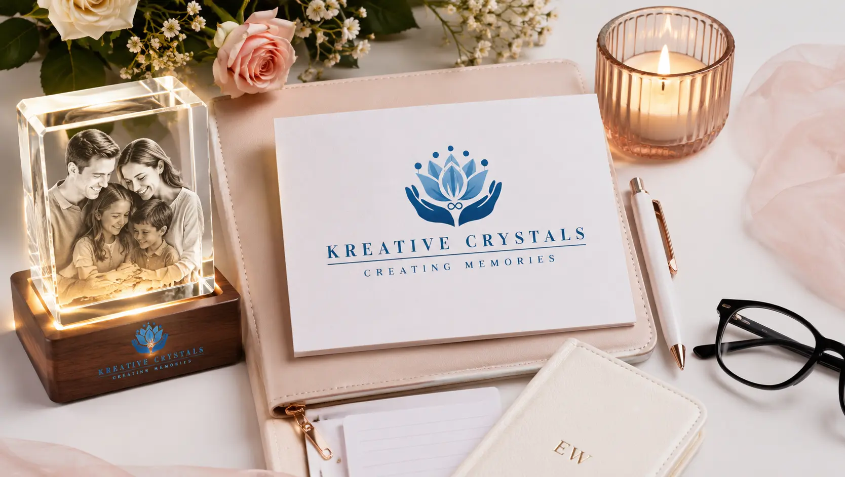 Luxury personalized crystal photo lamp and Kreative Crystals branding displayed on an elegant workspace with flowers and candle decor