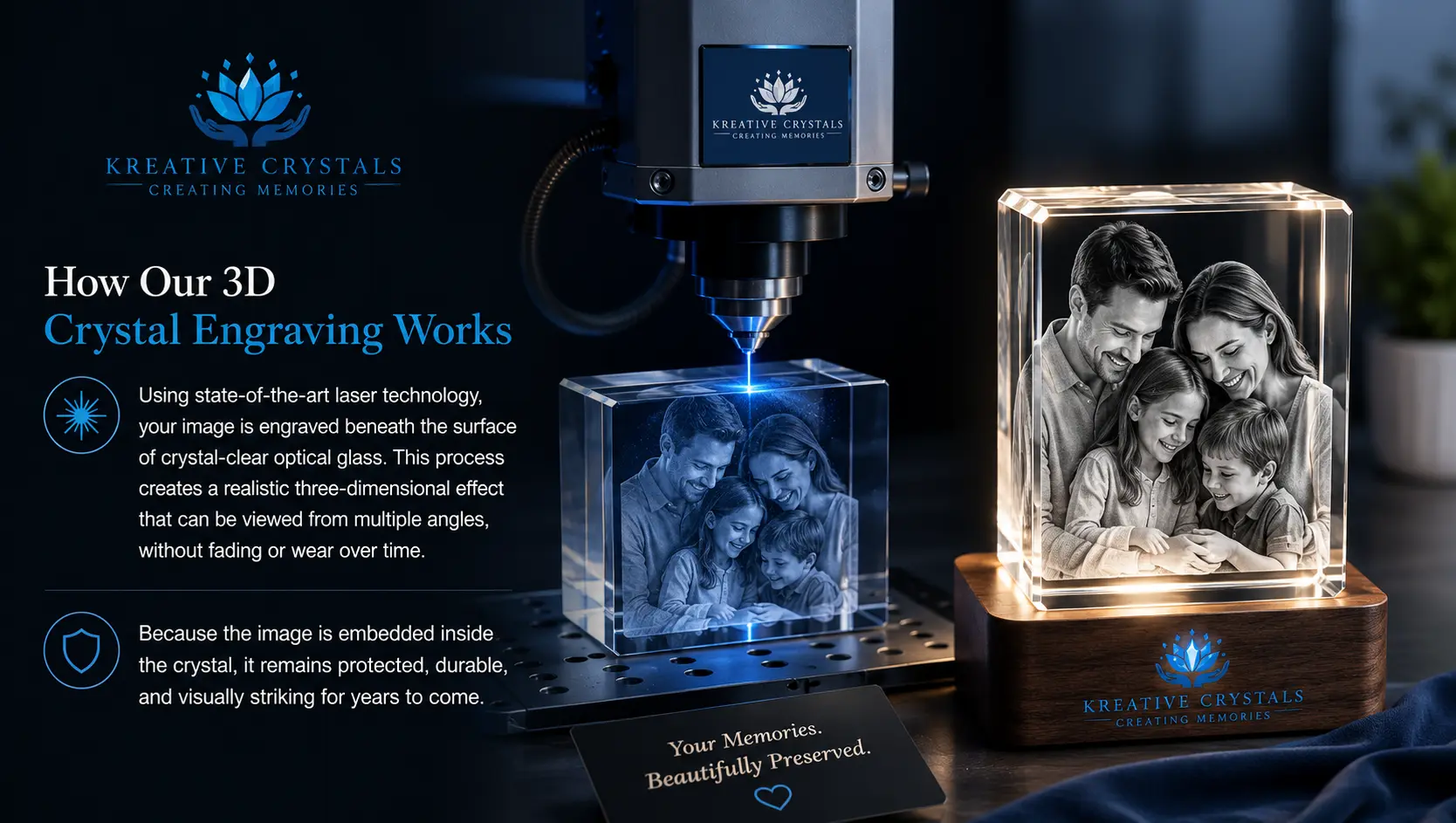 3D laser engraving process creating personalized crystal photo keepsakes using advanced laser technology by Kreative Crystals