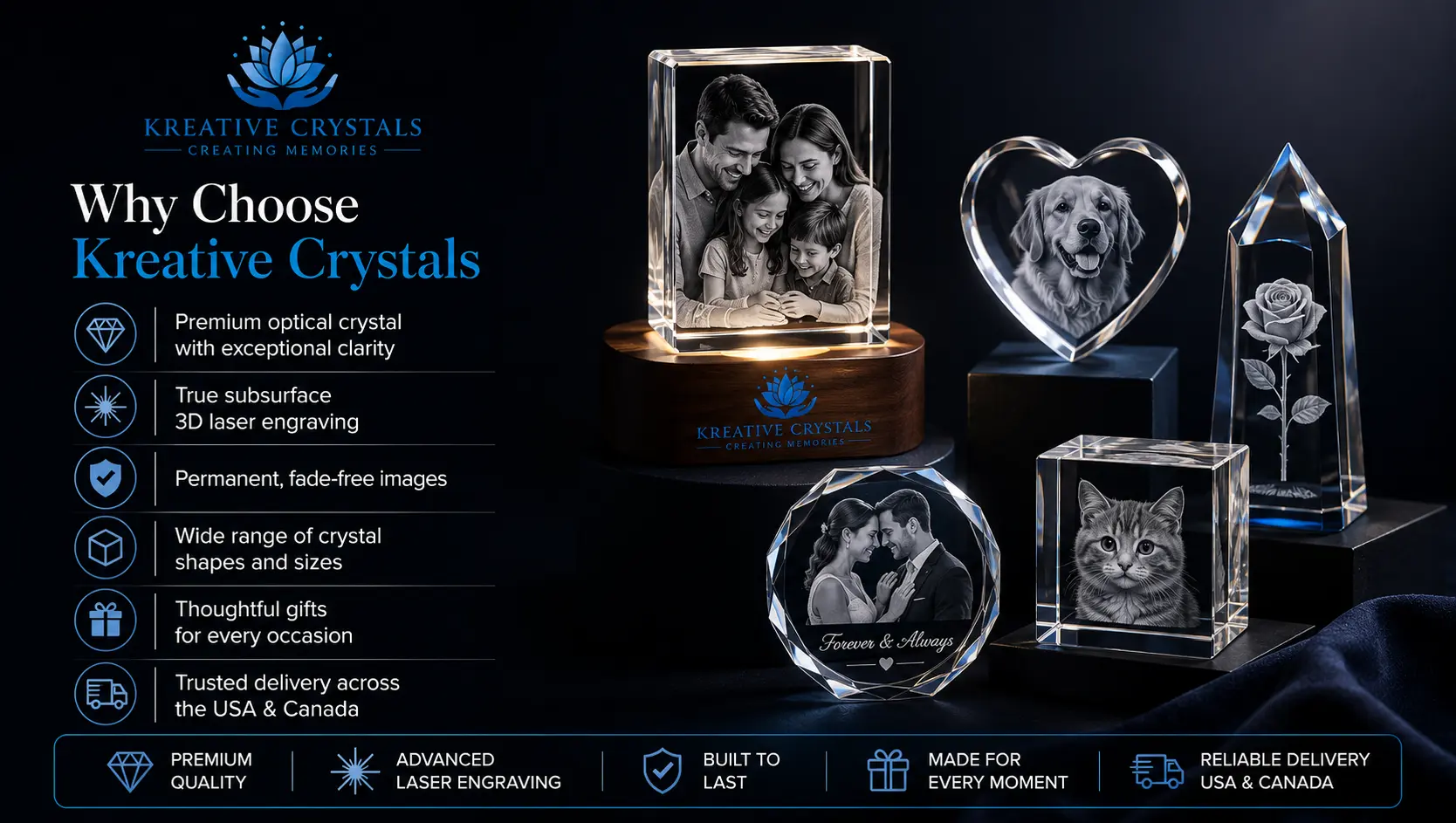 Premium personalized 3D crystal gifts and laser engraved keepsakes by Kreative Crystals featuring family, pet, floral, and memorial crystal designs