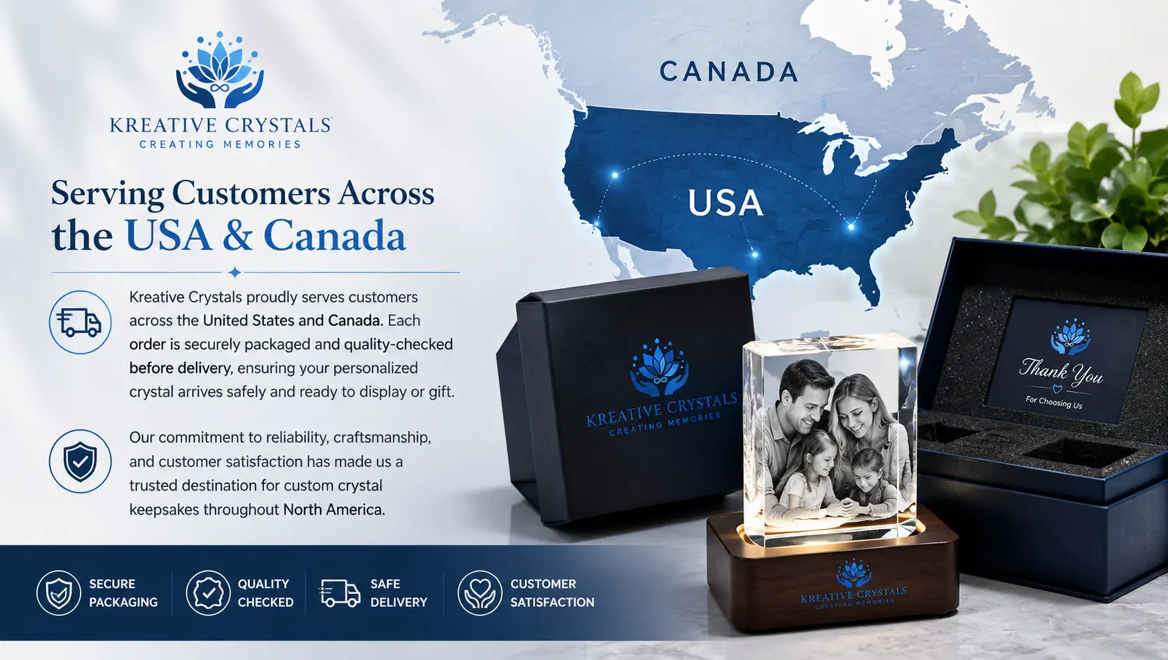 Kreative Crystals personalized crystal gifts shipping across the USA and Canada with secure packaging and quality checked delivery